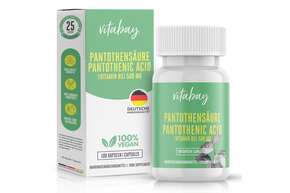 Sie sehen eine Packung Vitabay Pantothensäure (Vitamin B5) 500 mg Kapseln, Produktbild: 01 Vitabay Pantothensäure (Vitamin B5) 500 mg Kapseln, A-Nr.: 5878776 - 01