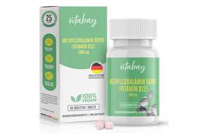Sie sehen eine Packung Vitabay Vitamin B12 Depot 1000 mcg Lutschtabletten, Produktbild: 01 Vitabay Vitamin B12 Depot 1000 mcg Lutschtabletten, A-Nr.: 5878434 - 01