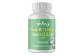 Sie sehen eine Packung Vitabay Vitamin D3 Depot 10.000 I.E. + Vitamin K2 200 mcg Tabletten, Produktbild: 01 Vitabay Vitamin D3 Depot 10.000 I.E. + Vitamin K2 200 mcg Tabletten, A-Nr.: 5878500 - 01