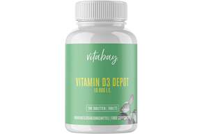 Sie sehen eine Packung Vitabay Vitamin D3 Depot 10.000 I.E. Tabletten, Produktbild: 01 Vitabay Vitamin D3 Depot 10.000 I.E. Tabletten, A-Nr.: 5878368 - 01