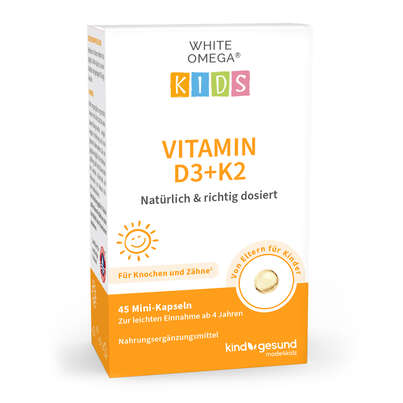 Vitamin D3+K2 für Kinder – zuckerfrei – 800 IE Vitamin D3 – mit 25 µg Vitamin K2 und 194 mg Omega-3 – 45 Mini-Kapseln (1,5 Monate), A-Nr.: 5614190 - 01