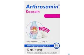 Sie sehen eine Packung Arthrosamin Kapseln Glucosamin +chondroitin +vitamin K 90st, Produktbild: 01 Arthrosamin Kapseln Glucosamin +chondroitin +vitamin K 90st, A-Nr.: 2983679 - 01