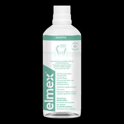 Sie sehen eine Packung elmex® Sensitive Zahnspülung 400ml, Produktbild: 01 elmex® Sensitive Zahnspülung 400ml, A-Nr.: 2525416 - 01
