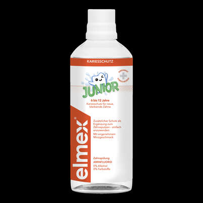 Sie sehen eine Packung elmex® Junior Zahnspülung, Produktbild: 01 elmex® Junior Zahnspülung, A-Nr.: 4151173 - 01
