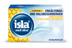 Sie sehen eine Packung isla med akut Zitrus-Honig Halspastillen 50 Stück, Produktbild: 01 isla med akut Zitrus-Honig Halspastillen 50 Stück, A-Nr.: 5817705 - 01