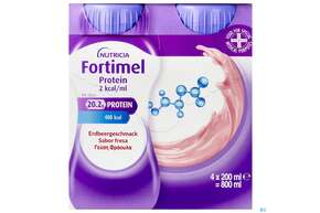 Sie sehen eine Packung Fortimel/protein 200ml 2kcal Erdbeere 4st, Produktbild: 01 Fortimel/protein 200ml 2kcal Erdbeere 4st, A-Nr.: 5833331 - 01
