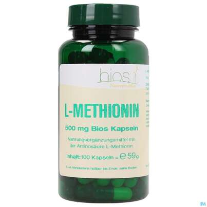 Sie sehen eine Packung Bios l-methionin 500mg 100 Kapseln, Produktbild: 02 Bios l-methionin 500mg 100 Kapseln, A-Nr.: 3892163 - 02