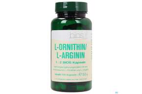 Sie sehen eine Packung Bios l-ornithin/l-arginin 1:2 100 Kapseln, Produktbild: 01 Bios l-ornithin/l-arginin 1:2 100 Kapseln, A-Nr.: 3892192 - 01
