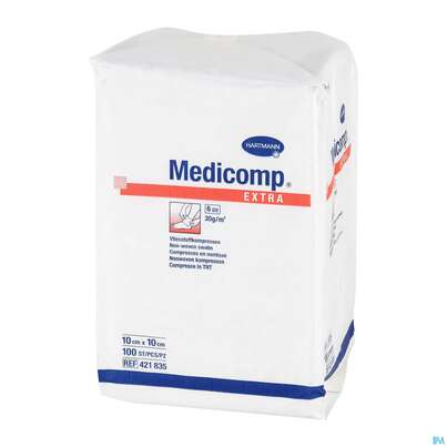 Sie sehen eine Packung Kompressen Medicomp/extra Vliesstoff 6fach Unsteril 10x 10cm 100st, Produktbild: 04 Kompressen Medicomp/extra Vliesstoff 6fach Unsteril 10x 10cm 100st, A-Nr.: 1652101 - 04