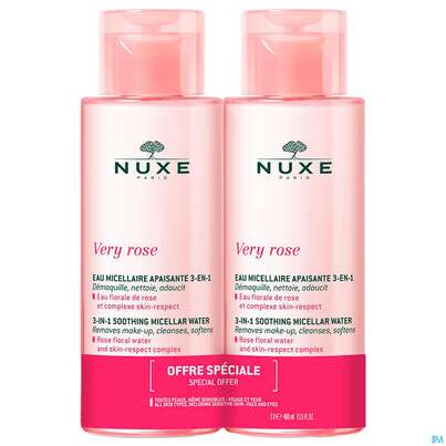 Sie sehen eine Packung Nuxe Very Rose Micellar Water Sensitive Skin Duo 400ml 2st, Produktbild: 01 Nuxe Very Rose Micellar Water Sensitive Skin Duo 400ml 2st, A-Nr.: 5806788 - 01