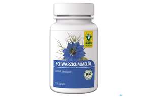 Sie sehen eine Packung Raab Bio Schwarzkümmelöl Kapseln 120 Kapseln, Produktbild: 01 Raab Bio Schwarzkümmelöl Kapseln 120 Kapseln, A-Nr.: 4367016 - 01
