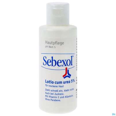 Sie sehen eine Packung Sebexol Lotio Cum Urea 5% 50ml, Produktbild: 01 Sebexol Lotio Cum Urea 5% 50ml, A-Nr.: 1784469 - 01