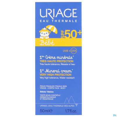 Sie sehen eine Packung Sonnenprodukte Uriage Baby Spf50 Mineralische Creme 50ml, Produktbild: 01 Sonnenprodukte Uriage Baby Spf50 Mineralische Creme 50ml, A-Nr.: 5617610 - 01