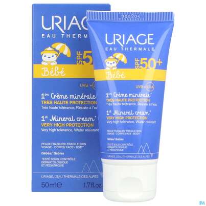 Sie sehen eine Packung Sonnenprodukte Uriage Baby Spf50 Mineralische Creme 50ml, Produktbild: 06 Sonnenprodukte Uriage Baby Spf50 Mineralische Creme 50ml, A-Nr.: 5617610 - 06