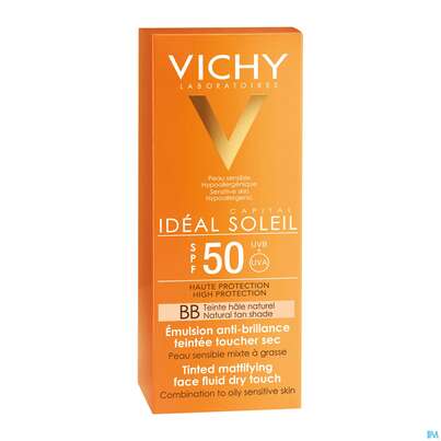 Sie sehen eine Packung Sonnenprodukte Vichy Ideal Soleil Bb Dry Touch Fluid Lsf50 50ml, Produktbild: 01 Sonnenprodukte Vichy Ideal Soleil Bb Dry Touch Fluid Lsf50 50ml, A-Nr.: 4180849 - 01