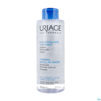 Sie sehen eine Packung Uriage Mizellenwasser Normale-trockene Haut 500ml, Produktbild: 02 Uriage Mizellenwasser Normale-trockene Haut 500ml, A-Nr.: 5619075 - 02