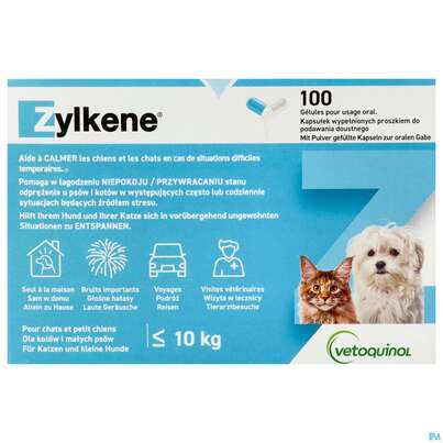 Sie sehen eine Packung Veterinaerprodukte Zylkene/pulver Ergaenzungsfuttermittel Kapseln Hund+katz 75mg 100st, Produktbild: 01 Veterinaerprodukte Zylkene/pulver Ergaenzungsfuttermittel Kapseln Hund+katz 75mg 100st, A-Nr.: 4097516 - 01
