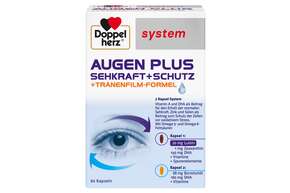 Sie sehen eine Packung Doppelherz system AUGEN PLUS SEHKRAFT + SCHUTZ + Tränenfilm-Formel, Produktbild: 01 Doppelherz system AUGEN PLUS SEHKRAFT + SCHUTZ + Tränenfilm-Formel, A-Nr.: 3448468 - 01