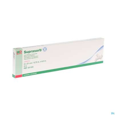 Sie sehen eine Packung Suprasorb/x Hydrobalance Wundverband Tamponade 2x 21cm 5st, Produktbild: 02 Suprasorb/x Hydrobalance Wundverband Tamponade 2x 21cm 5st, A-Nr.: 3065164 - 02