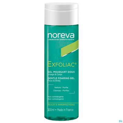 Sie sehen eine Packung Noreva Exfoliac Reinigungsgel Mild 200ml, Produktbild: 01 Noreva Exfoliac Reinigungsgel Mild 200ml, A-Nr.: 5826650 - 01