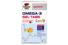 Sie sehen eine Packung Doppelherz system OMEGA-3 family Gel-Tabs zum Kauen, Produktbild: 01 Doppelherz system OMEGA-3 family Gel-Tabs zum Kauen, A-Nr.: 5886178 - 01