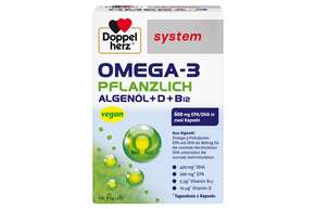 Sie sehen eine Packung Doppelherz system OMEGA-3 PFLANZLICH Herzfunktion + Immunsystem, Produktbild: 01 Doppelherz system OMEGA-3 PFLANZLICH Herzfunktion + Immunsystem, A-Nr.: 5677061 - 01