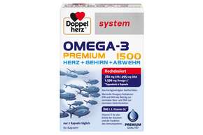 Sie sehen eine Packung Doppelherz system OMEGA-3 PREMIUM 1500 HERZ + GEHIRN + ABWEHR, Produktbild: 01 Doppelherz system OMEGA-3 PREMIUM 1500 HERZ + GEHIRN + ABWEHR, A-Nr.: 5677196 - 01