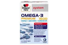 Sie sehen eine Packung Doppelherz system OMEGA-3 PREMIUM 1500 HERZ + GEHIRN + ABWEHR, Produktbild: 01 Doppelherz system OMEGA-3 PREMIUM 1500 HERZ + GEHIRN + ABWEHR, A-Nr.: 5677397 - 01