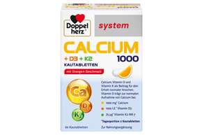 Sie sehen eine Packung Doppelherz system CALCIUM 1000 + D3 + K2 KAUTABLETTEN, Produktbild: 01 Doppelherz system CALCIUM 1000 + D3 + K2 KAUTABLETTEN, A-Nr.: 5677954 - 01