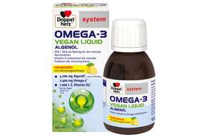 Sie sehen eine Packung Doppelherz system OMEGA-3 VEGAN LIQUID Herzfunktion + Immunsystem, Produktbild: 01 Doppelherz system OMEGA-3 VEGAN LIQUID Herzfunktion + Immunsystem, A-Nr.: 5677581 - 01