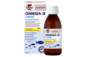 Sie sehen eine Packung Doppelherz system OMEGA-3 LIQUID Herzfunktion + Immunsystem, Produktbild: 01 Doppelherz system OMEGA-3 LIQUID Herzfunktion + Immunsystem, A-Nr.: 5677546 - 01