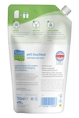 Sie sehen eine Packung Savoderm med EMPFINDLICHE HAUT pH5 Duschbad Nachfüllbeutel 750ml, Produktbild: 02 Savoderm med EMPFINDLICHE HAUT pH5 Duschbad Nachfüllbeutel 750ml, A-Nr.: 5876760 - 02