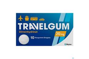 Sie sehen eine Packung Travel-gum Kaugummi-drag 20mg 10st, Produktbild: 01 Travel-gum Kaugummi-drag 20mg 10st, A-Nr.: 0458704 - 01