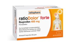 Sie sehen eine Packung ratioDolor® forte Ibuprofen 400 mg Filmtabletten, Produktbild: 01 ratioDolor® forte Ibuprofen 400 mg Filmtabletten, A-Nr.: 5536159 - 01