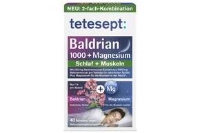Sie sehen eine Packung tetesept Baldrian 1000mg + Magnesium Tabletten 40 Stk, Produktbild: 01 tetesept Baldrian 1000mg + Magnesium Tabletten 40 Stk, A-Nr.: 5954307 - 01