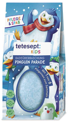 Sie sehen eine Packung tetesept Kids Bade-Überraschung Pinguin Parade 1St., Produktbild: 01 tetesept Kids Bade-Überraschung Pinguin Parade 1St., A-Nr.: 5932731 - 01