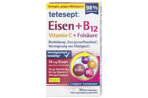 Sie sehen eine Packung tetesept Eisen 14mg +B12+C+Folsäure FTA 30 Stk, Produktbild: 01 tetesept Eisen 14mg +B12+C+Folsäure FTA 30 Stk, A-Nr.: 5601112 - 01
