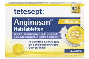 Sie sehen eine Packung tetesept Anginosan Zitrone Lutschabletten zuckerfrei 20 Stk., Produktbild: 01 tetesept Anginosan Zitrone Lutschabletten zuckerfrei 20 Stk., A-Nr.: 5388664 - 01