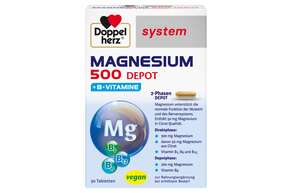 Sie sehen eine Packung Doppelherz system Magnesium 500 Depot + B-Vitamine, Produktbild: 01 Doppelherz system Magnesium 500 Depot + B-Vitamine, A-Nr.: 5678072 - 01