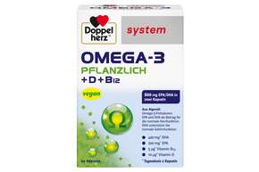 Sie sehen eine Packung Doppelherz system OMEGA-3 PFLANZLICH Herzfunktion + Immunsystem, Produktbild: 01 Doppelherz system OMEGA-3 PFLANZLICH Herzfunktion + Immunsystem, A-Nr.: 4766130 - 01
