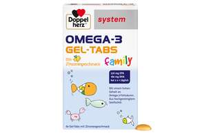 Sie sehen eine Packung Doppelherz system OMEGA-3 family Gel-Tabs zum Kauen, Produktbild: 01 Doppelherz system OMEGA-3 family Gel-Tabs zum Kauen, A-Nr.: 3836377 - 01