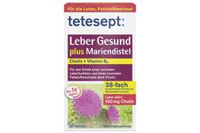 Sie sehen eine Packung tetesept Leber Gesund Mariendistel 30 Tabl., Produktbild: 01 tetesept Leber Gesund Mariendistel 30 Tabl., A-Nr.: 5075089 - 01