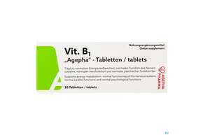 Sie sehen eine Packung Vitamin B1 Tabl Dl 200mg Agepha 20st, Produktbild: 01 Vitamin B1 Tabl Dl 200mg Agepha 20st, A-Nr.: 4338150 - 01