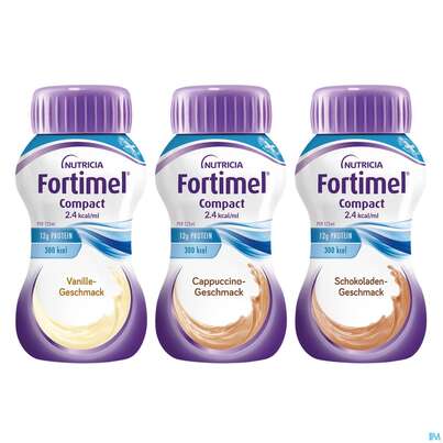 Sie sehen eine Packung Fortimel/compact/2.4 125ml Vitalflasche Suess Sortiert 24st, Produktbild: 01 Fortimel/compact/2.4 125ml Vitalflasche Suess Sortiert 24st, A-Nr.: 4294010 - 01