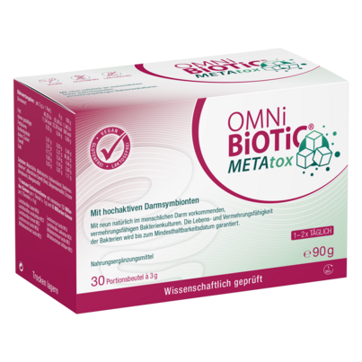 Sie sehen eine Packung OMNi-BiOTiC® METAtox, 30 Portionsbeutel à 3g, Produktbild: 01 OMNi-BiOTiC® METAtox, 30 Portionsbeutel à 3g, A-Nr.: 5459401 - 01