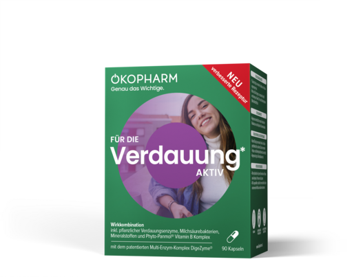 Sie sehen eine Packung Ökopharm® Wirkkombination für die Verdauung aktiv Kapseln 90 ST, Produktbild: 01 Ökopharm® Wirkkombination für die Verdauung aktiv Kapseln 90 ST, A-Nr.: 5950918 - 01
