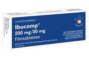 Sie sehen eine Packung Ibucomp® lindert Erkältungssymptome, Produktbild: 01 Ibucomp® lindert Erkältungssymptome, A-Nr.: 5529337 - 01