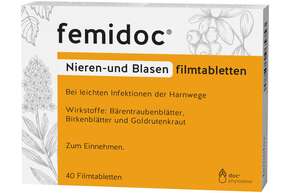 Sie sehen eine Packung femidoc® NIEREN- UND BLASEN FILMTABLETTEN, Produktbild: 01 femidoc® NIEREN- UND BLASEN FILMTABLETTEN, A-Nr.: 4965757 - 01