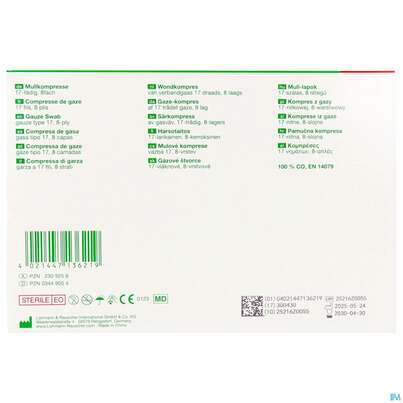 Sie sehen eine Packung Mullkompressen Gazin Baumw.17faedig Steril 8fach 7,5x 7,5cm 50x2 100st, Produktbild: 01 Mullkompressen Gazin Baumw.17faedig Steril 8fach 7,5x 7,5cm 50x2 100st, A-Nr.: 2309256 - 01