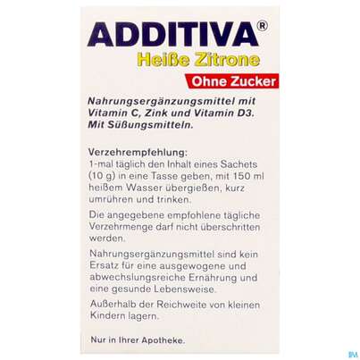 Sie sehen eine Packung Additiva Pulver Heisse Zitrone Ohne Zucker 10st, Produktbild: 06 Additiva Pulver Heisse Zitrone Ohne Zucker 10st, A-Nr.: 5810092 - 06